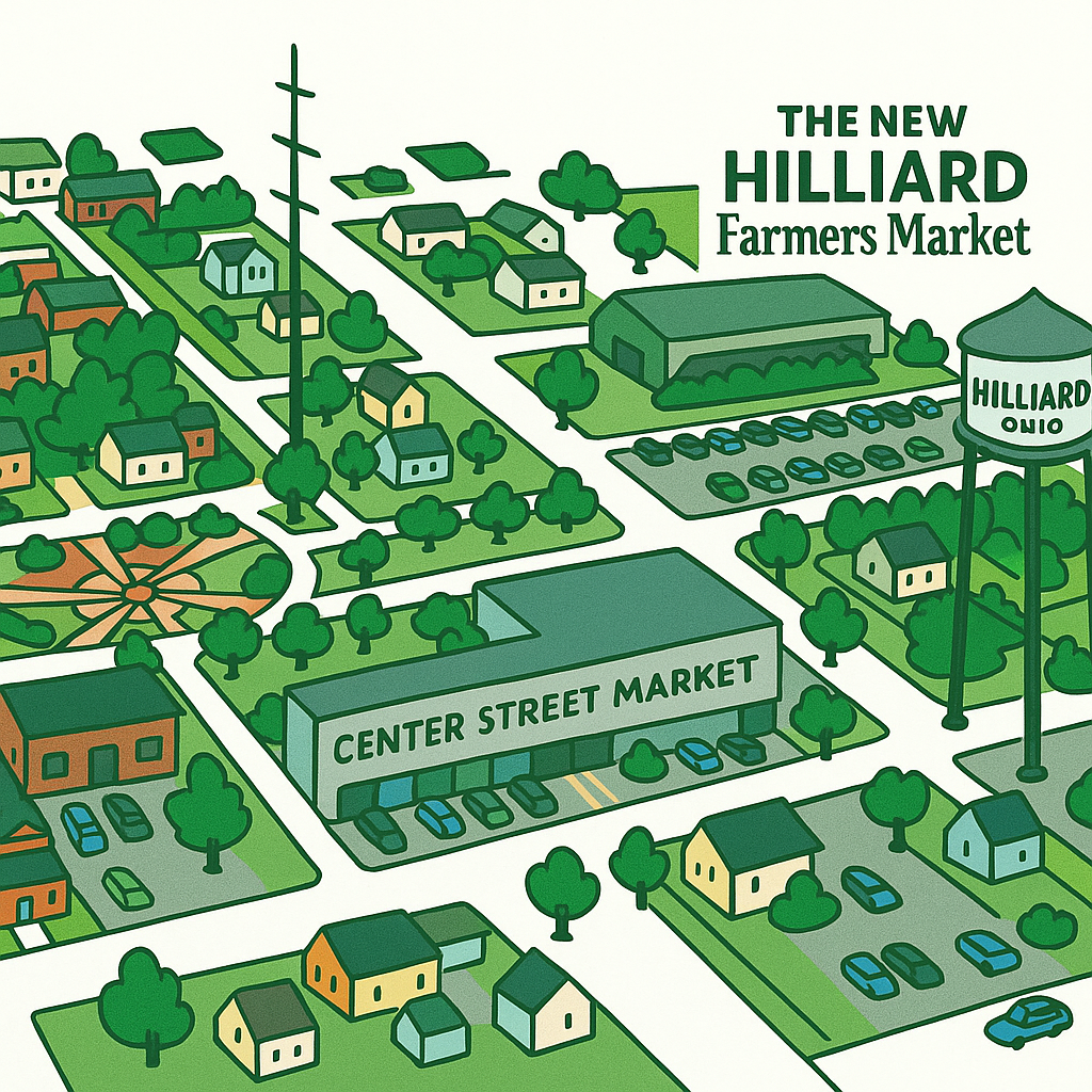 Cartoon map showing the market location by Center St. Market, splash pad, and Hilliard water tower.